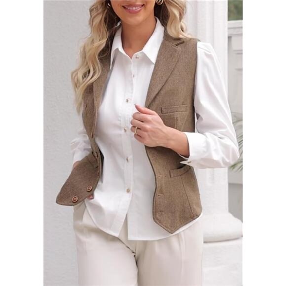 Womens Herringbone Tweed Waistcoat Lapel Sleeveless Blazers V Neck Work Office - Picture 3 of 7